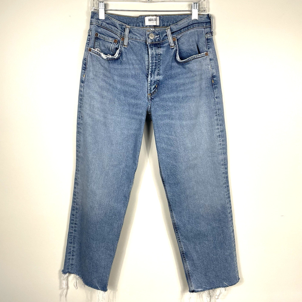 Agolde Kye Mid Rise Straight Crop Jeans Size 28 Blue Medium Wash Raw Hem Modern